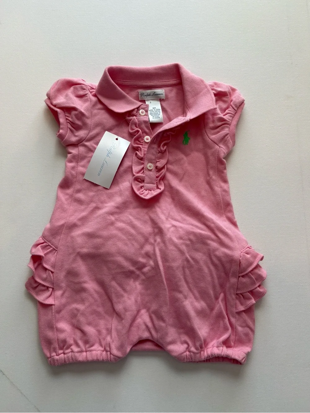 NWT Ralph Lauren Girl's Pink Polo Romper with Ruffle Details Size 6 Months